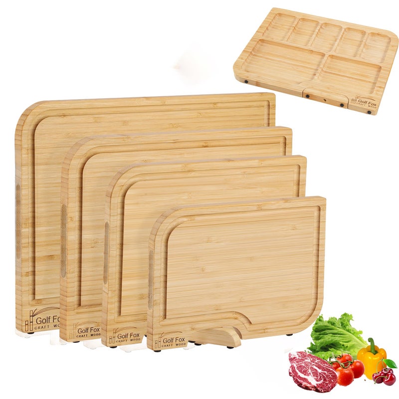 GolfFox 4-PCS Bamboo Cutting Board Set with Innovative Stand - Durable Double Sided Wooden Cutting Board with Juice Groove & Handle for Meal Prep, Meat, Charcuterie Serving, Eco-Friendly Healthy Kitchen Gift - Image 1
