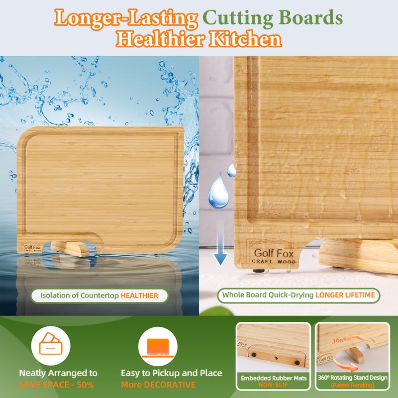 GolfFox 4-PCS Bamboo Cutting Board Set with Innovative Stand - Durable Double Sided Wooden Cutting Board with Juice Groove & Handle for Meal Prep, Meat, Charcuterie Serving, Eco-Friendly Healthy Kitchen Gift - Image 3