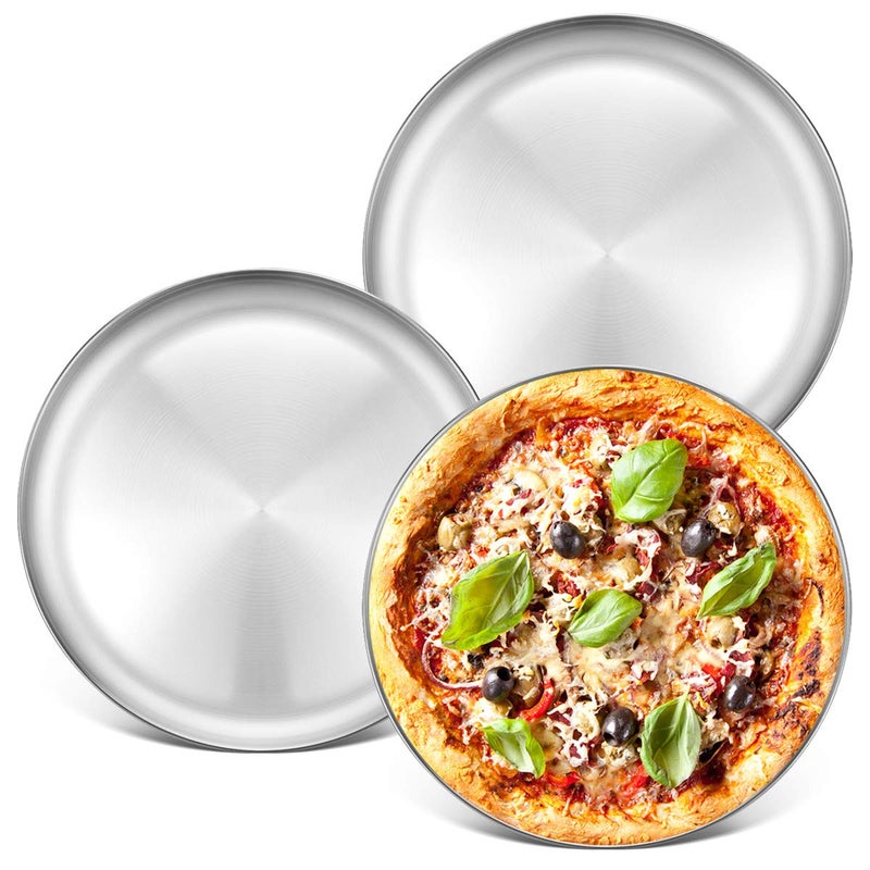Deedro Deedro Stainless Steel Pizza Pan 13 inch Round Pizza Tray Pizza Baking Sheet Healthy Pizza Baking Pan Pizza Serving Tray Crisper Pan Dishwasher Safe 3 Pack 