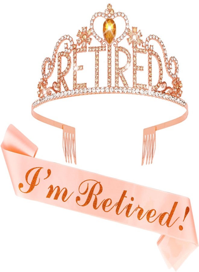 كافتي تاج كافيتي للتقاعد للنساء، تاج ذهبي وردي مرصع بالكريستال وأحجار الراين، وشاح من الساتان، إكسسوار للحفلات، مناسب للمتقاعدات والحضور - Image 1