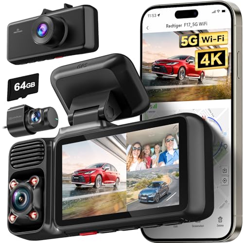 REDTIGER F17 4K 3 Channel Dash Cam, 5GHz WiFi Built-in GPS with 64GB Card, 2160P+1080P+1080P Front and Rear Inside, Triple Car Camera with 3 Inch Screen, IR Night Vision, G Sensor, WDR, Parking Mode - Image 1