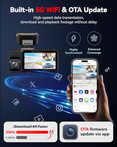 REDTIGER F17 4K 3 Channel Dash Cam, 5GHz WiFi Built-in GPS with 64GB Card, 2160P+1080P+1080P Front and Rear Inside, Triple Car Camera with 3 Inch Screen, IR Night Vision, G Sensor, WDR, Parking Mode - Image 4