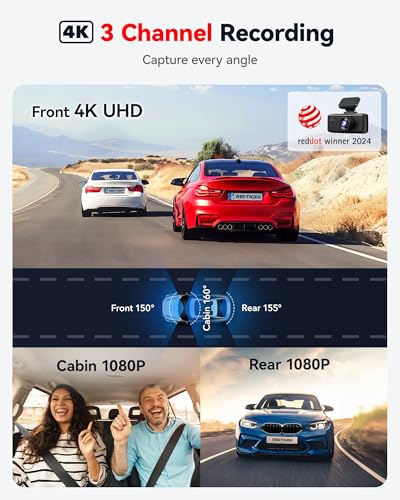REDTIGER F17 4K 3 Channel Dash Cam, 5GHz WiFi Built-in GPS with 64GB Card, 2160P+1080P+1080P Front and Rear Inside, Triple Car Camera with 3 Inch Screen, IR Night Vision, G Sensor, WDR, Parking Mode - Image 2