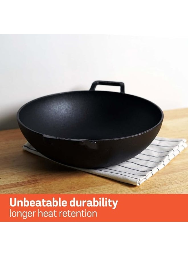 Meyer Pre Seasoned Cast Iron Kadai Without Lid | Iron Kadai for Cooking | Cast Iron Kadhai | Induction Kadai | Deep Frying Kadai | Heavy Bottom Iron Kadai, 26cm, Black - Image 4