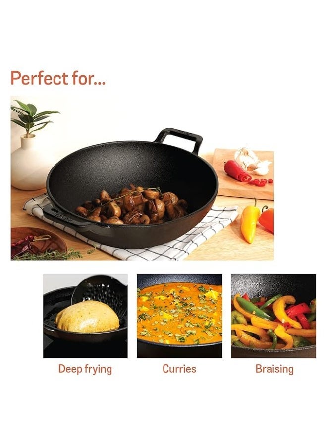 Meyer Pre Seasoned Cast Iron Kadai Without Lid | Iron Kadai for Cooking | Cast Iron Kadhai | Induction Kadai | Deep Frying Kadai | Heavy Bottom Iron Kadai, 26cm, Black - Image 2