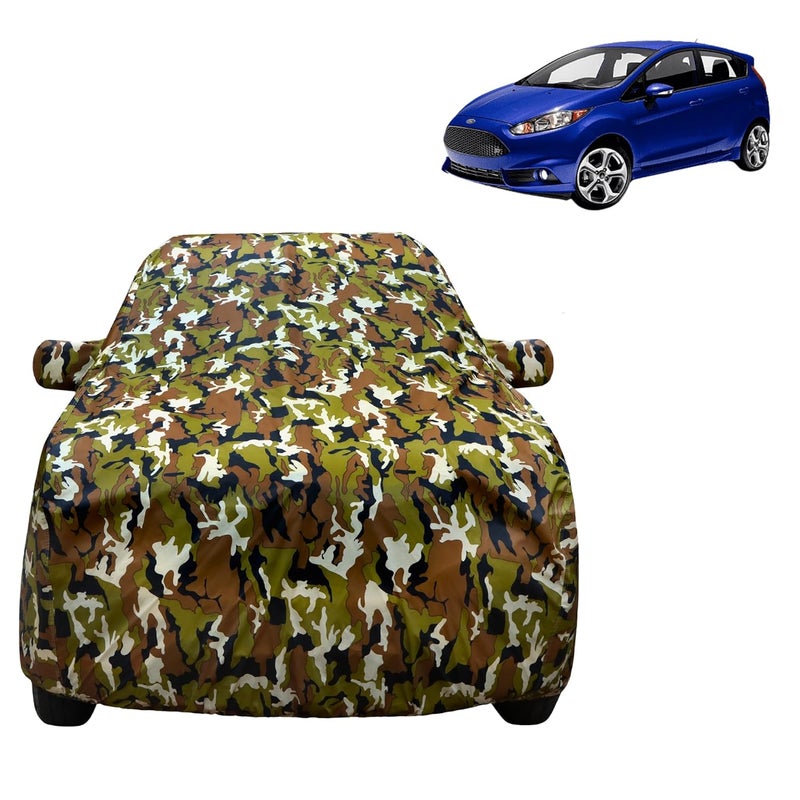 VYAS 100% Waterproof Car Body Cover for Ford Fiesta Classic (2005-2015) with Mirror Pocket Triple Stitched Belt & Buckle Fitting Dual Elastic, Durable Material Jungle Print Camouflage Design - Image 1
