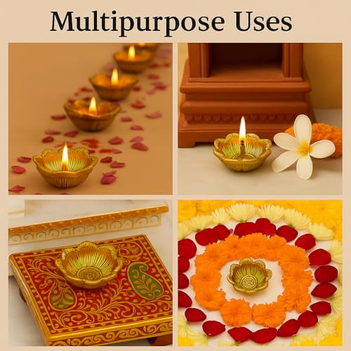 Indian-Shelf IndianShelf 10 Pcs Aarti Diyas – Aluminium Golden Finish Flower Shape Oil Lamps for Pooja, Mandir Décor, Home Temple, Aarti Rituals, Festival Deepam & Diwali Decoration Traditional Pooja Items - Image 5