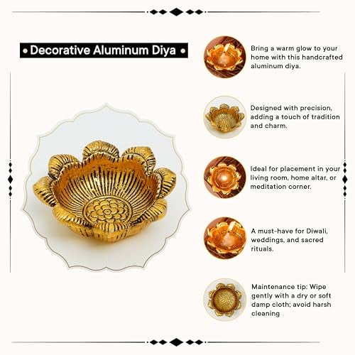 Indian-Shelf IndianShelf 10 Pcs Aarti Diyas – Aluminium Golden Finish Flower Shape Oil Lamps for Pooja, Mandir Décor, Home Temple, Aarti Rituals, Festival Deepam & Diwali Decoration Traditional Pooja Items - Image 2