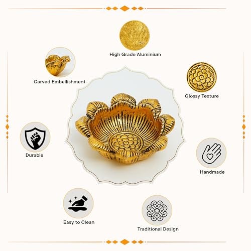 Indian-Shelf IndianShelf 10 Pcs Aarti Diyas – Aluminium Golden Finish Flower Shape Oil Lamps for Pooja, Mandir Décor, Home Temple, Aarti Rituals, Festival Deepam & Diwali Decoration Traditional Pooja Items - Image 3