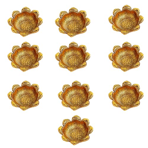Indian-Shelf IndianShelf 10 Pcs Aarti Diyas – Aluminium Golden Finish Flower Shape Oil Lamps for Pooja, Mandir Décor, Home Temple, Aarti Rituals, Festival Deepam & Diwali Decoration Traditional Pooja Items - Image 1