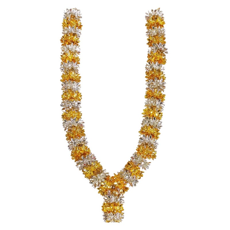 SRI YAGNAA - 15 Inches Gold and Silver Coated Parijatham Flower Mala for Photo Frames and Idols - Parijatham Garland - German Silver Flower Mala - Image 4