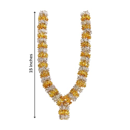 SRI YAGNAA - 15 Inches Gold and Silver Coated Parijatham Flower Mala for Photo Frames and Idols - Parijatham Garland - German Silver Flower Mala - Image 2