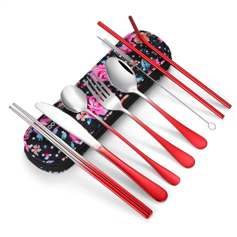 Travel UtensilsReusable Silverware Set To Go Portable Cutlery Set with a Waterproof Carrying Case for Lunch Boxes Workplace Camping Picnic GraRed
