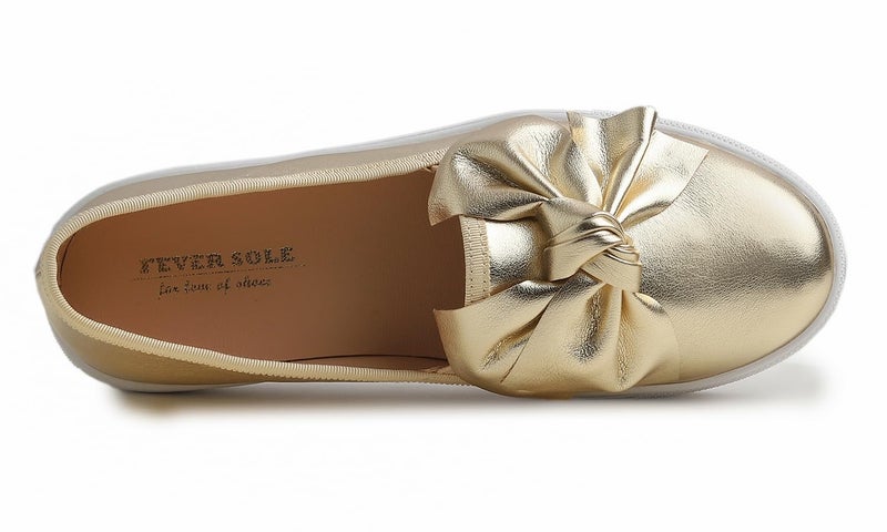 FEVERSOLE Women's Casual Slip On Sneaker Fashion Bow Tie Loafer Flats Gold Vegan Leather Size 7 M US - Image 2