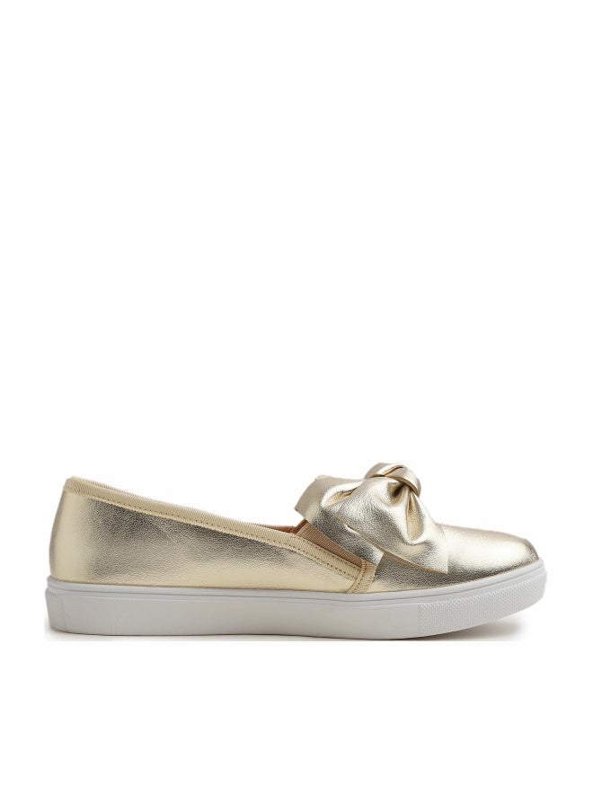 FEVERSOLE Women's Casual Slip On Sneaker Fashion Bow Tie Loafer Flats Gold Vegan Leather Size 7 M US - Image 1