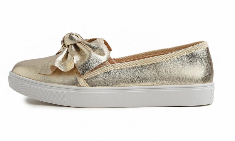 FEVERSOLE Women's Casual Slip On Sneaker Fashion Bow Tie Loafer Flats Gold Vegan Leather Size 7 M US - Image 3