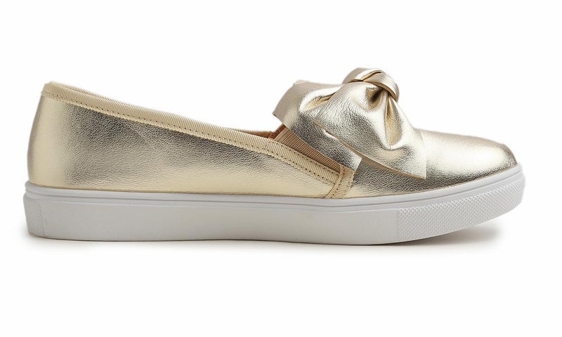 FEVERSOLE Women's Casual Slip On Sneaker Fashion Bow Tie Loafer Flats Gold Vegan Leather Size 7 M US - Image 4