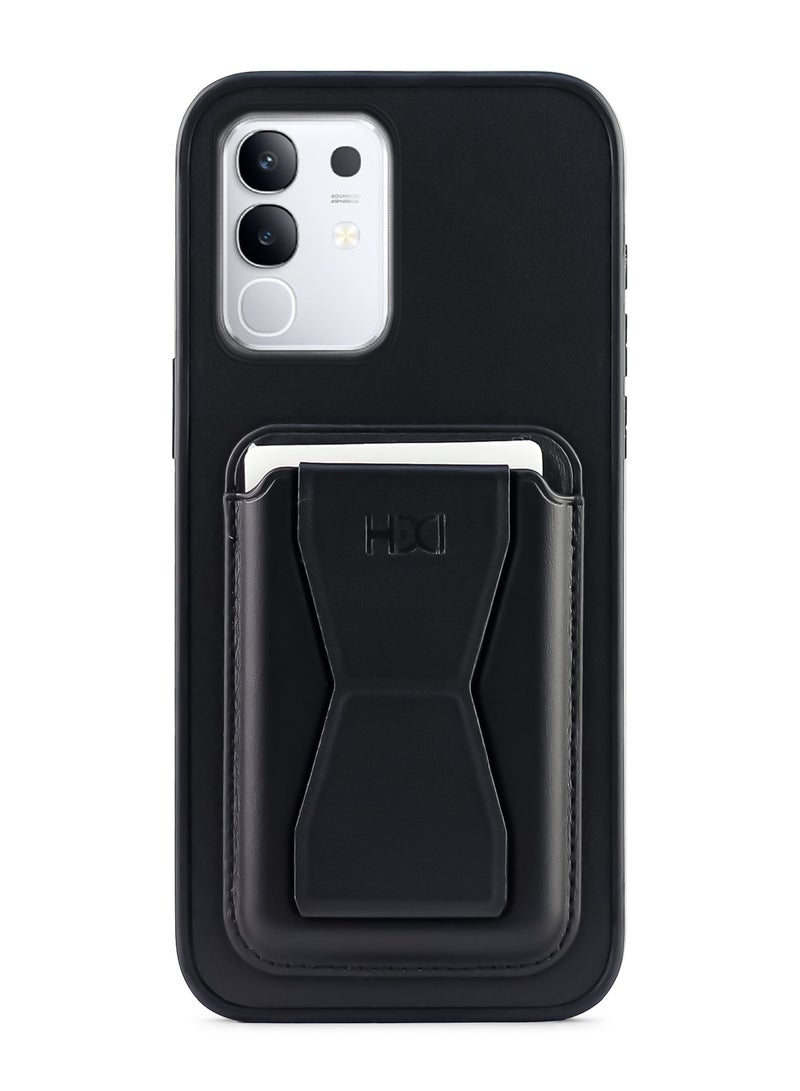 Leather back cover with card wallet Foldable Shockpoof Case compatible with Vivo Y29 4G (Black) 
