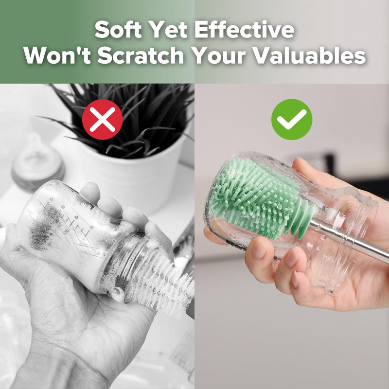 haakaa Cleaning Brush Silicone Bottle Brush Double-Ended Soft Silicone Bristles for Breast Pumps, Breast Milk Collectors, Baby Bottles, Teats, Breastmilk Storage Bags, Pea Green-1pk - Image 5