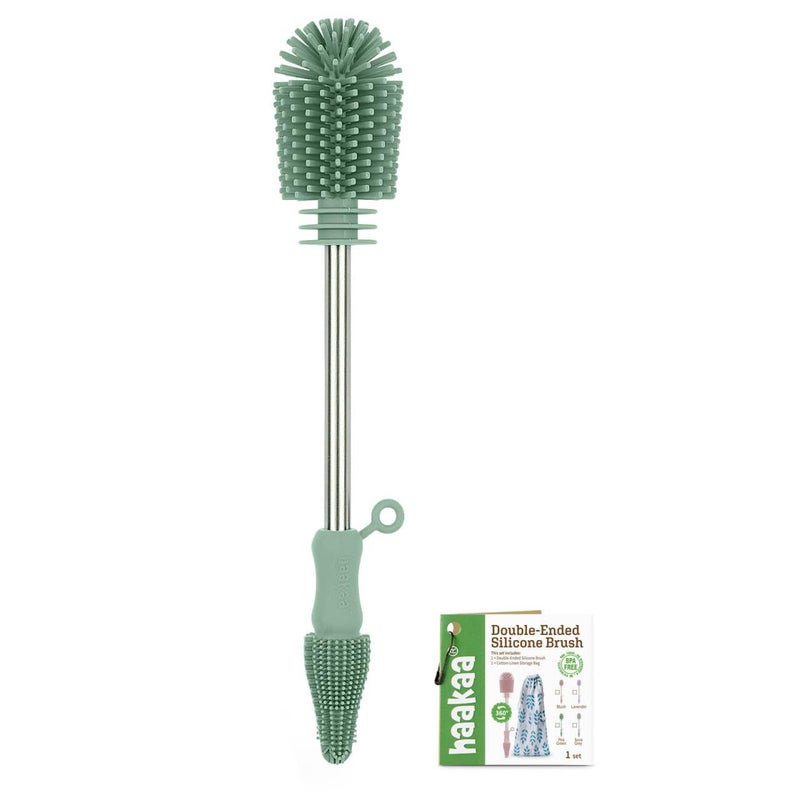 haakaa Cleaning Brush Silicone Bottle Brush Double-Ended Soft Silicone Bristles for Breast Pumps, Breast Milk Collectors, Baby Bottles, Teats, Breastmilk Storage Bags, Pea Green-1pk - Image 1