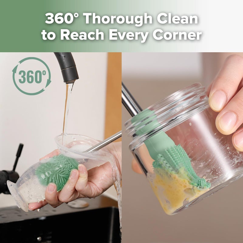 haakaa Cleaning Brush Silicone Bottle Brush Double-Ended Soft Silicone Bristles for Breast Pumps, Breast Milk Collectors, Baby Bottles, Teats, Breastmilk Storage Bags, Pea Green-1pk - Image 3