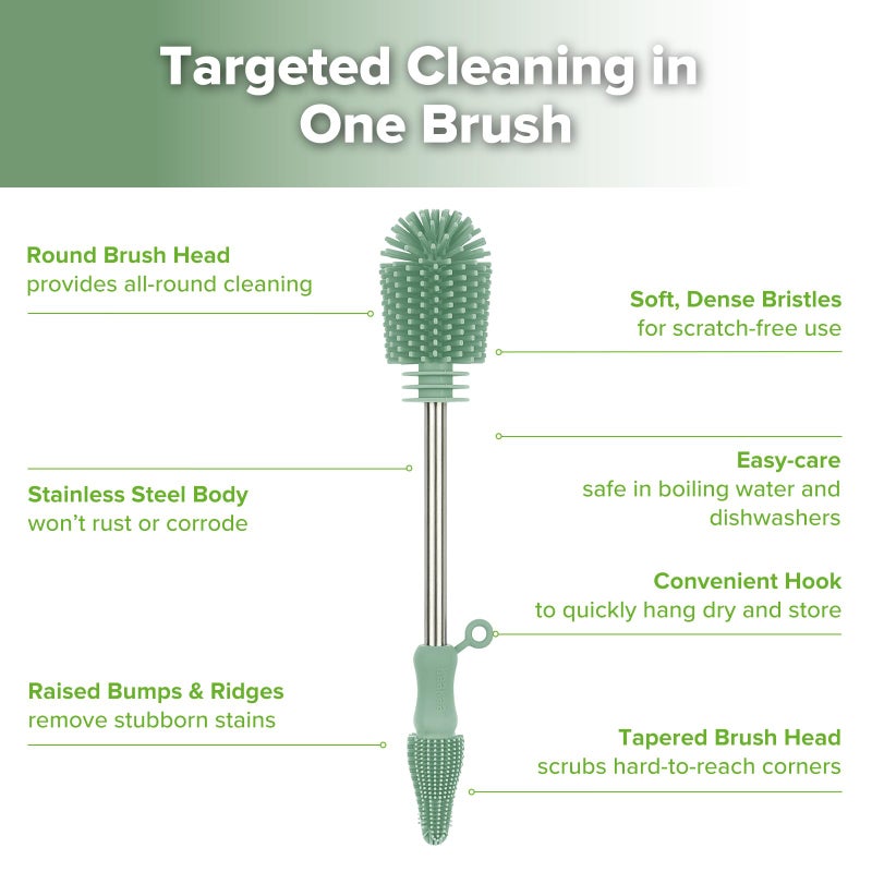 haakaa Cleaning Brush Silicone Bottle Brush Double-Ended Soft Silicone Bristles for Breast Pumps, Breast Milk Collectors, Baby Bottles, Teats, Breastmilk Storage Bags, Pea Green-1pk - Image 4