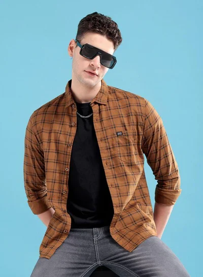 شركة المرآب الهندية Men Slim Fit Checkered Full Sleeves Spread Collar Casual Shirt