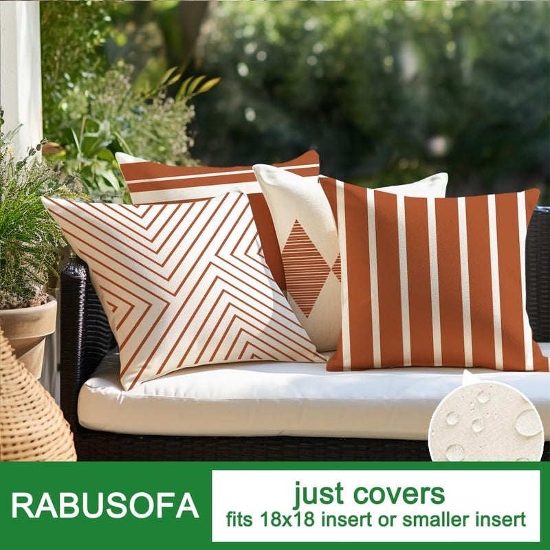RABUSOFA أغطية وسائد خارجية من رابوسوفا مقاس 18×18 بوصة مقاومة للماء، طقم من 4 قطع من وسائد بوهو باللون الصدئ والبيج لأثاث الفناء، أريكة صنبريلا (2R-18) (صدئ وبيج، 18×18 بوصة، طقم من 4) - Image 4