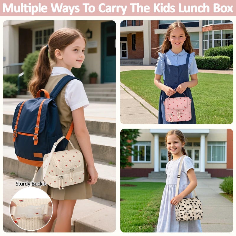 Vankor Corduroy Lunch Box Kids Insulated Lunch Bag Double Decker, Cute Leak-Proof Lunch Box for Boys Girls, Portable Cooler Lunch Bag Thermal Lunch Tote for School Picnic Travel, Beige Strawberry - Image 3