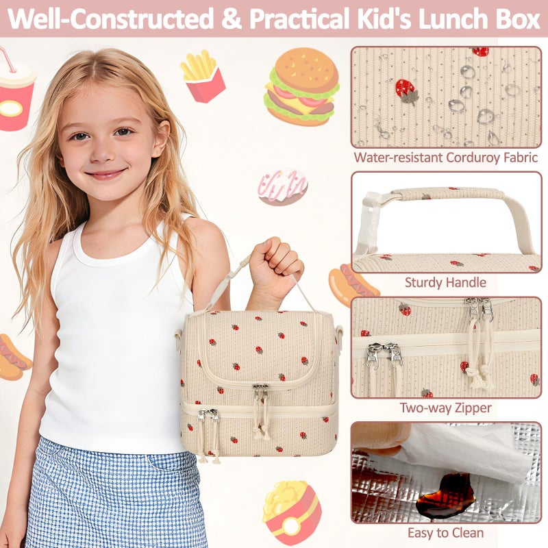 Vankor Corduroy Lunch Box Kids Insulated Lunch Bag Double Decker, Cute Leak-Proof Lunch Box for Boys Girls, Portable Cooler Lunch Bag Thermal Lunch Tote for School Picnic Travel, Beige Strawberry - Image 4