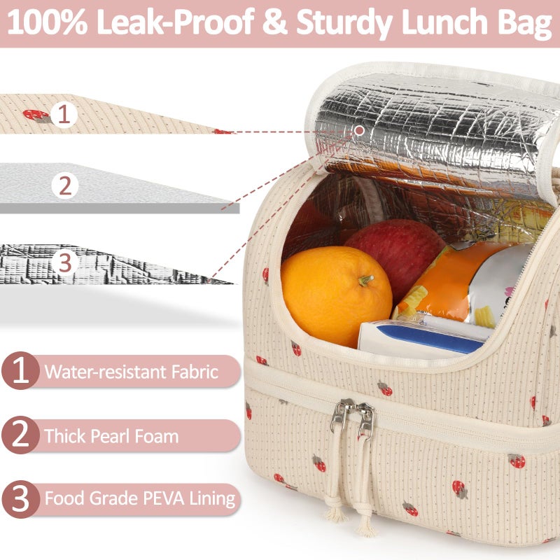 Vankor Corduroy Lunch Box Kids Insulated Lunch Bag Double Decker, Cute Leak-Proof Lunch Box for Boys Girls, Portable Cooler Lunch Bag Thermal Lunch Tote for School Picnic Travel, Beige Strawberry - Image 2