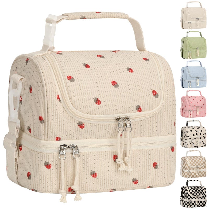 Vankor Corduroy Lunch Box Kids Insulated Lunch Bag Double Decker, Cute Leak-Proof Lunch Box for Boys Girls, Portable Cooler Lunch Bag Thermal Lunch Tote for School Picnic Travel, Beige Strawberry - Image 1