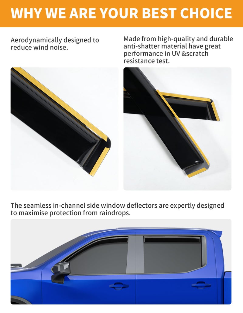 Deejecsun in-Channel Window Rain Guards Fit for Chevy Silverado 1500/GMC Sierra 1500 2019-2026 Crew Cab Extra Durable Window Deflectors Window Visors Vent Visors Vent Shades Truck Accessories - Image 5