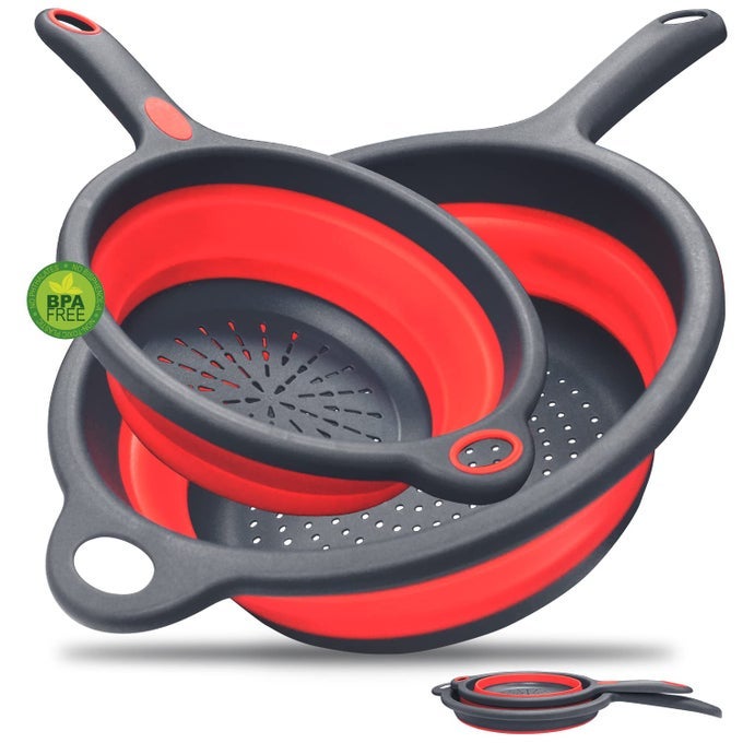 SILICONE PASTA COLANDER COLLAPSIBLE COLANDER WITH HANDLE SET SET OF 2 SPACESAVING KITCHEN STRAINERS 15 QUART 2 QUART BPA FREE DISHWASHER SAFE FOR PASTA VEGETABLES FRUITS RED