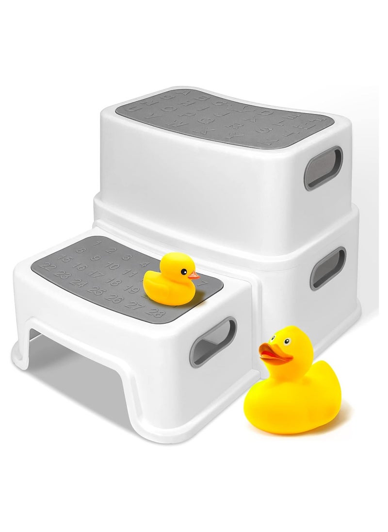 NNEWVANTE Toddler Step Stool for Bathroom Sink, 2 Step Stool for Kids Toilet Potty Training, Non-Slip Toddlers Baby Child Kid Plastic Poop Stools with Handle for Kitchen Counter Bed (Grey)  - Image 1