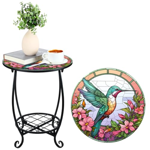 Cinnvoice Outdoor Side Table Round Small Mosaic Patio Accent Indoor End Plant Coffee Tea Table for Yard Patio Porch Garden Living Room BedroomHummingbird Style16 Inch - Image 1