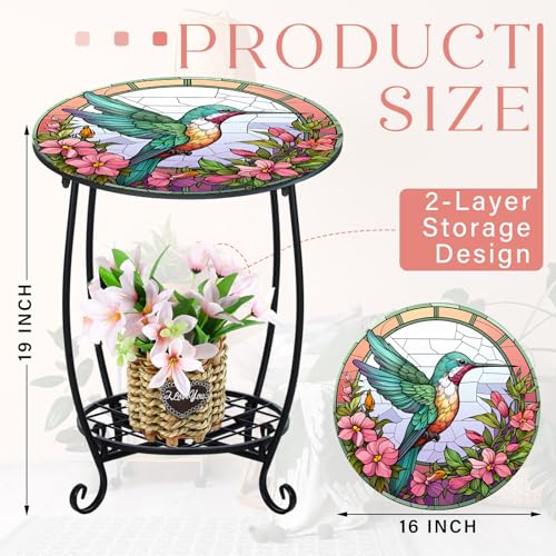 Cinnvoice Outdoor Side Table Round Small Mosaic Patio Accent Indoor End Plant Coffee Tea Table for Yard Patio Porch Garden Living Room BedroomHummingbird Style16 Inch - Image 3