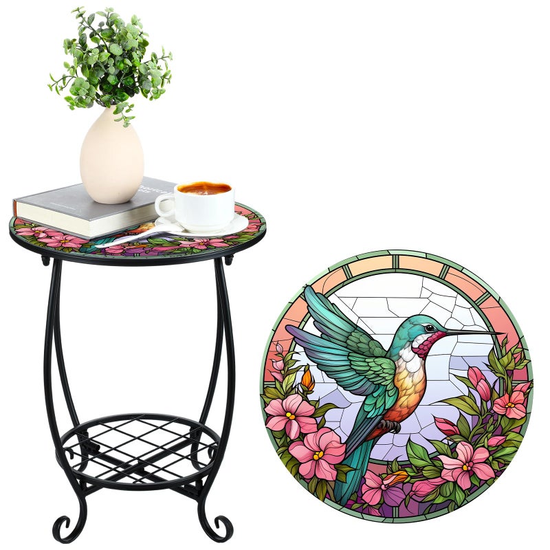 Cinnvoice Outdoor Side Table Round Small Mosaic Patio Accent Indoor End Plant Coffee Tea Table for Yard Patio Porch Garden Living Room BedroomHummingbird Style16 Inch - Image 2