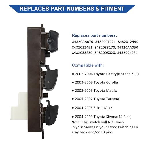 AiYiGu 84820AA070 Driver Side Power Window Switch, Compatible with 2002-2006 Toyota Camry, 2003-2008 Corolla/Matrix, 2004-2009 Sienna, 2005-2007 Tacoma, 2004-2006 Scion xA/xB, Replace 84820AA050, 14 Pins - Image 3