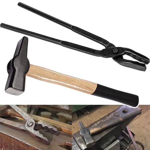 Yoursme Blacksmith 15” Wolf Jaw Tongs and Hammer Tool Set Essential Tools for Blacksmith Bladesmith Forge - Image 1