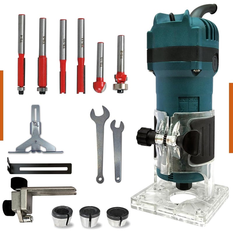 KRISHAK TOOLS BRXTVS036 Wood TrimmerRouter 6635MM With 6Pieces Different Shaped 635MM Router Bit Set 6MM 635MM and 8MM Collets 3M long Cord Subject To Availability Colour BlueCyan - Image 2