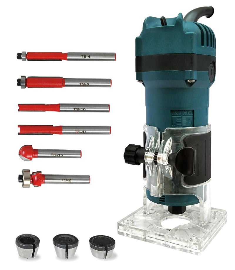 KRISHAK TOOLS BRXTVS036 Wood TrimmerRouter 6635MM With 6Pieces Different Shaped 635MM Router Bit Set 6MM 635MM and 8MM Collets 3M long Cord Subject To Availability Colour BlueCyan - Image 1
