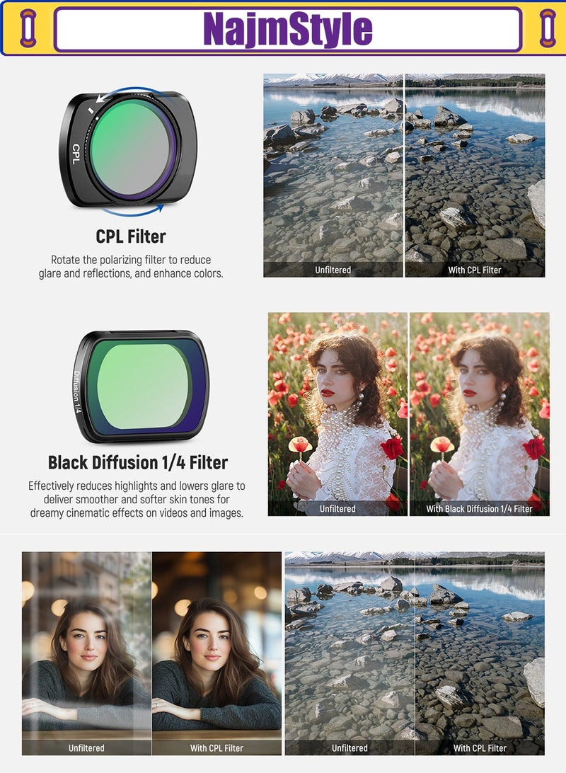 NajmStyle Filter Accessories Compatible with DJI Osmo Pocket 3 & Creator Combo, Magnetic CPL Black Diffusion 1/4 Filter with 0.75X Wide Angle Lens, 2X Macro Lens & 2 Screen Protector - Image 4