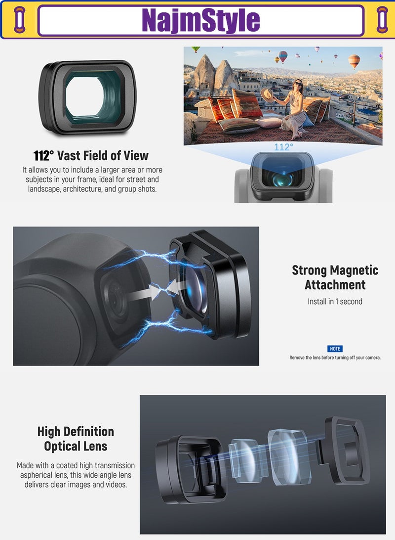 NajmStyle Filter Accessories Compatible with DJI Osmo Pocket 3 & Creator Combo, Magnetic CPL Black Diffusion 1/4 Filter with 0.75X Wide Angle Lens, 2X Macro Lens & 2 Screen Protector - Image 2