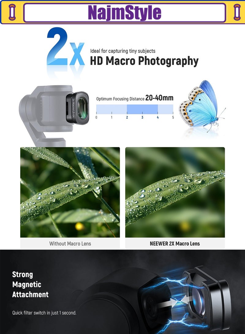 NajmStyle Filter Accessories Compatible with DJI Osmo Pocket 3 & Creator Combo, Magnetic CPL Black Diffusion 1/4 Filter with 0.75X Wide Angle Lens, 2X Macro Lens & 2 Screen Protector - Image 3