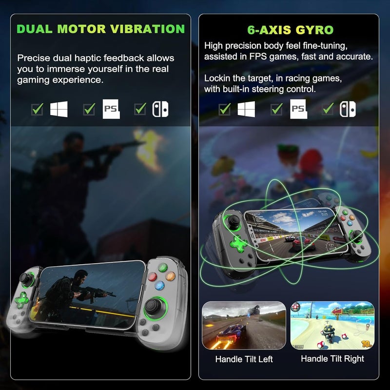 وحدة تحكم ألعاب الهاتف لأجهزة iPhone/Android/PC/Switch، لتشغيل COD وGenshin، ودعم البث على PS5/Xbox/PC Console، وألعاب السحابة اللاسلكية لعصا التحكم، مع Turbo/6-Axis Gyro/Dual Motor، ضوء أخضر، باللون الأبيض - Image 5