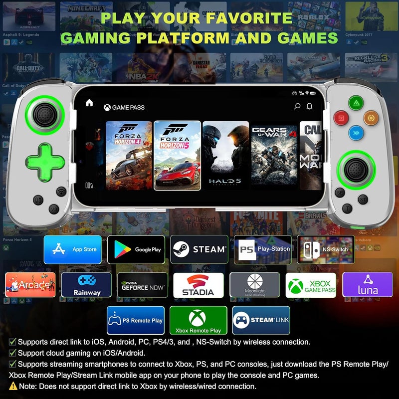 وحدة تحكم ألعاب الهاتف لأجهزة iPhone/Android/PC/Switch، لتشغيل COD وGenshin، ودعم البث على PS5/Xbox/PC Console، وألعاب السحابة اللاسلكية لعصا التحكم، مع Turbo/6-Axis Gyro/Dual Motor، ضوء أخضر، باللون الأبيض - Image 3