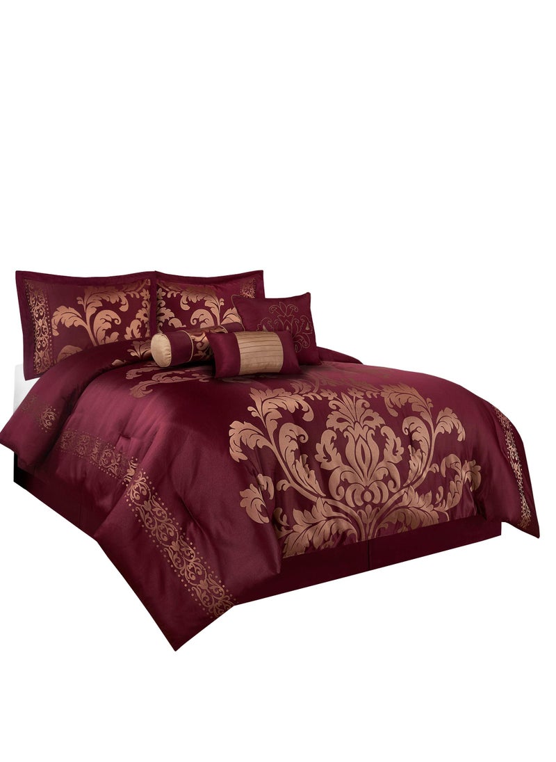 Chezmoi Collection Chezmoi Collection 7Piece Jacquard Floral Comforter Set California King Maroon 