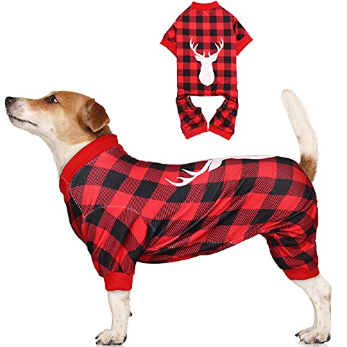 Jamktepat Dog Christmas Pajamas Buffalo Plaid with Reindeer Print Pet Onesie Pet Pjs Super Soft and Stretchy Dog Pajamas Large Sized Dogs(L) - Image 1
