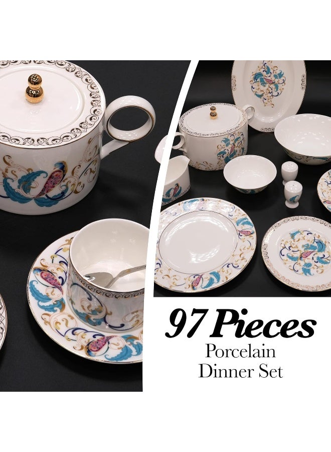 BS B&S Porcelain Round Dinnerware Set | 97PCS Premium Ceramic Tableware | Dish Set with Floral Design | Vintage Porcelain Tea & Coffee Set | Microwave & Dishwasher Safe Plates and Bowls (Serene) - Image 4